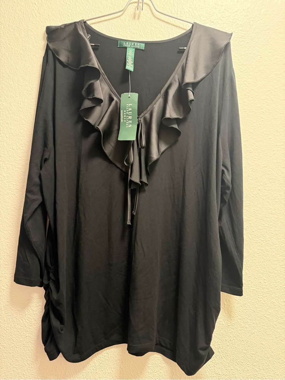 Ralph Lauren Black Ruffled V-Neck Long women size 2X Sleeve Tee